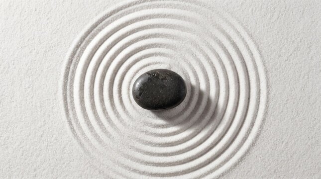 Zen garden stone photo with white sand ripples, mindfulness and meditation background
