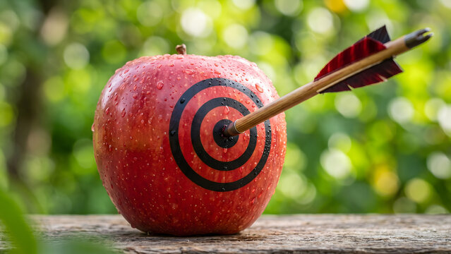 A perfect shot hitting the bullseye of a red apple target, symbolizing focused achievement and strategic goal setting with accuracy and success