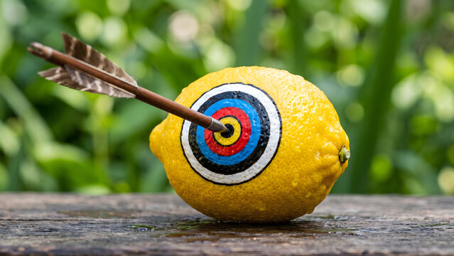 Arrow hitting bullseye target painted on fresh lemon as precision goal concept