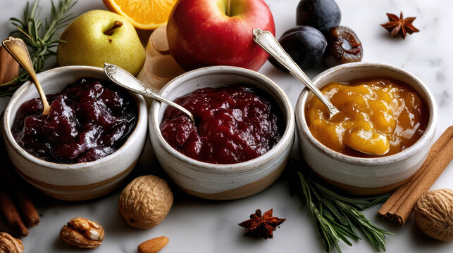 Rustic ceramic bowls fruit jam apple pear plum walnut cinnamon star anise rosemary marble table autumn homemade breakfast