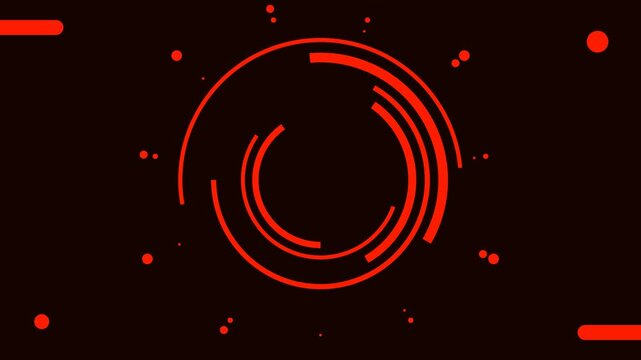 Abstract Red Neon Circular Rings Animation with Glowing Rotating Arcs and Floating Particles on Dark Background, Futuristic Motion Graphics