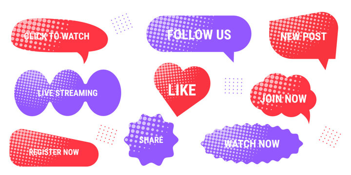A collage of bright social semi-tone media buttons calling for action in various forms