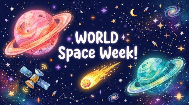 World space week celebration with planets, satellite, and comet in deep space