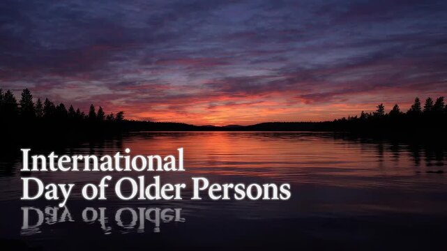 A serene sunset over a calm lake with a forest silhouette, featuring the text 'International Day of Older Persons' reflected in the water.