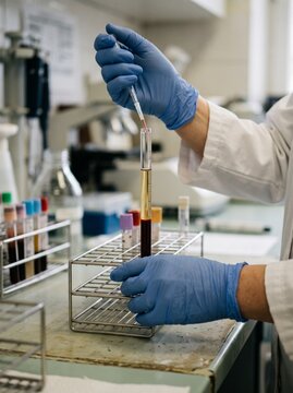 editorial photo of laboratory worker hands preparing an erythrocyte sedimentation rate test, vertical blood collection tube positioned in a laboratory rack, authentic diagnostic laboratory setting
