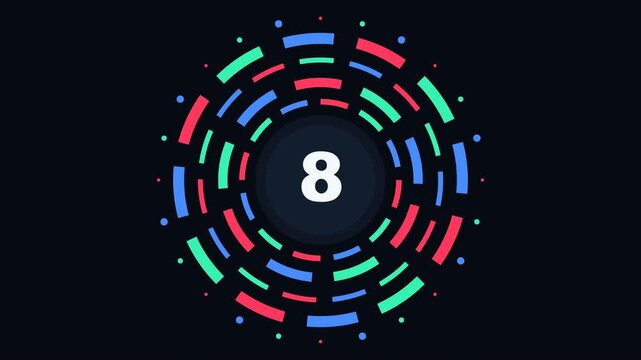 10 to 0 Countdown Timer Animation with Colorful Circular Progress Rings and Digital Numbers on Dark Background, Modern Motion Graphics