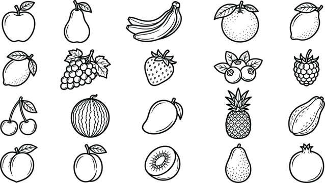 Beautiful flat vector line art collection featuring twenty distinct fruits with clear bold outlines and zero color fills, isolated on a professional solid white background layout.