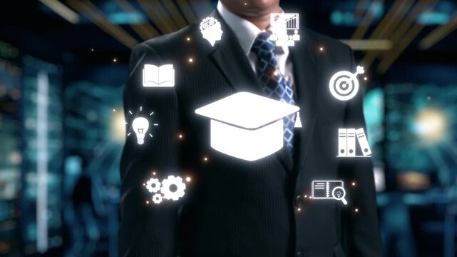 A business professional in a suit stands confidently against a contemporary office backdrop, surrounded by floating icons symbolizing education, innovation, and career growth. Qubit