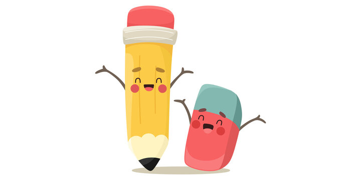 Cute cartoon pencil and eraser characters, happy school supplies with smiling faces, cheerful yellow pencil and pink rubber mascot illustration