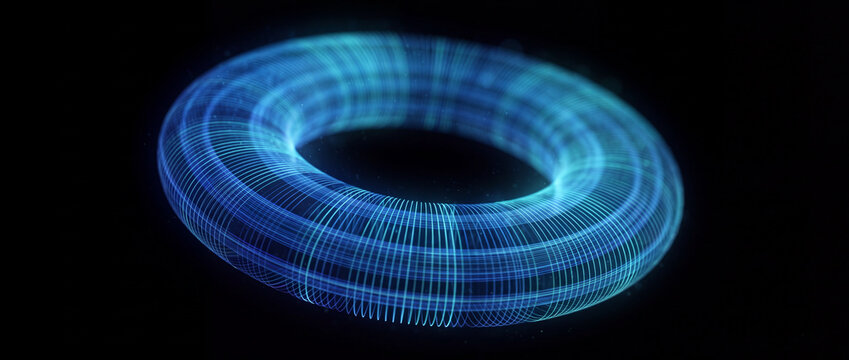 Glowing torus of magnetic field coils with vibrant blue luminous light rays, suitable for quantum physics research and futuristic tech projects, suited to visual design