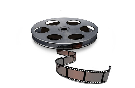 Retro movie film reel with unwinding film strip concept for film making production industry.