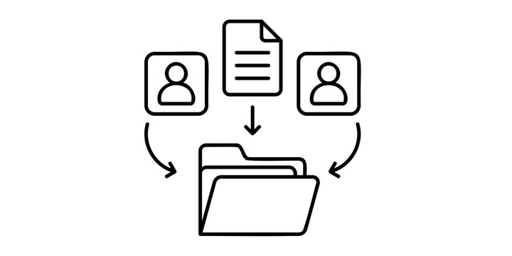 Document management system icon, digital file organization and user data storage, black line art folder with profile avatars and document symbols