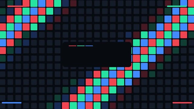 Abstract Colorful Pixel Grid Animation with Red Green and Blue Glowing Squares, Digital Geometric Mosaic Pattern on Dark Background