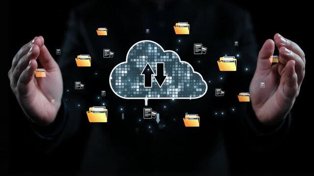 This image depicts a businessman showcasing the concept of cloud computing with visual elements of file uploads and downloads against a sleek dark background. Qubit