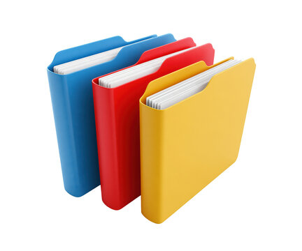 Three colorful standing office folders in blue red and yellow colors for document organization and business filing system isolated on white background
