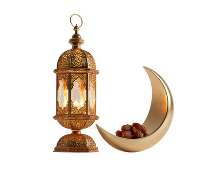 Golden ramadan lantern with a crescent moon bowl filled with sweet dates for the islamic holy month celebration isolated on a white background