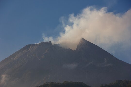 Merapi Volcano Crater and Volcanic Steam Plume in Java