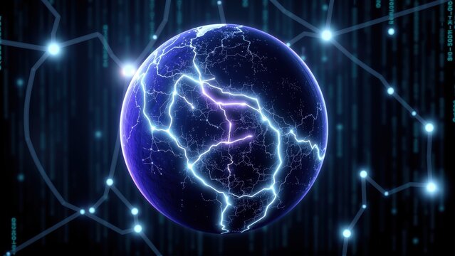 Glowing sphere with electric cracks. Digital lines surround it. Dark background creates futuristic vibe. Data streams visible.