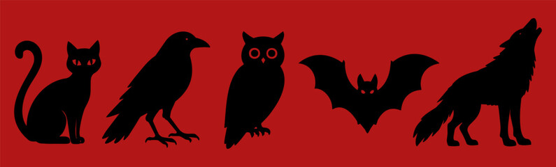 Obraz premium Halloween Animal Silhouette Set with Cat Raven Owl Bat and Wolf