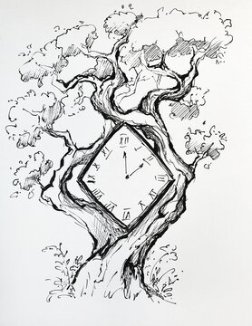 Hand drawn ink sketch of a clock on an old fantasy tree