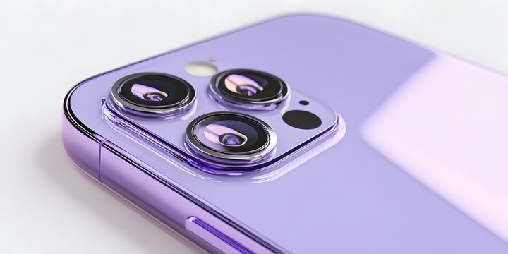 Closeup view of a purple smartphone featuring a triplelens camera module.