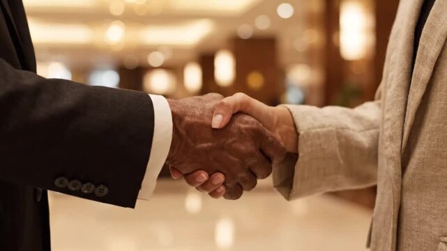 Business handshake between two professionals wearing textured wool and tweed suits under warm indoor lighting.