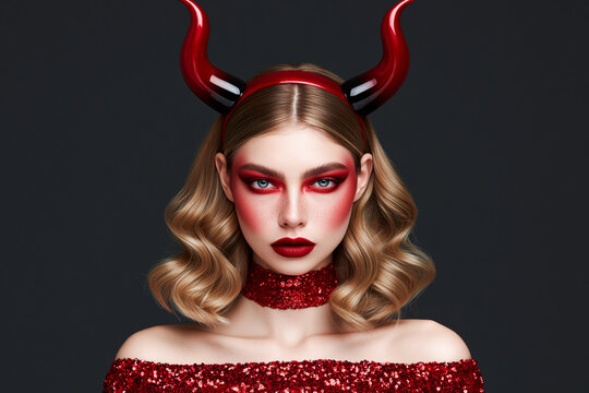Woman wearing curved red devil horns and red sequin off-shoulder costume for Halloween