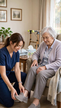 Caregiver helping elderly senior woman put on supportive orthopedic shoes in bright assisted living bedroom