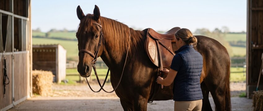 A woman in a navy blue quilted vest tightens the leather girth of a brown horse, standing inside a wooden stable barn with a view of a green pasture in the background