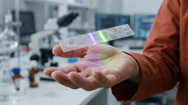 Scientist holding microfluidic lab chip with glowing fluorescent channels in research laboratory hand channel medical.