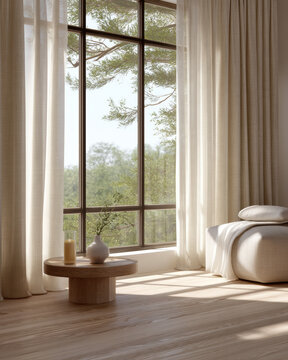 Quiet autumn living room with warm soft sunlight, minimalist decor, neutral tones, peaceful atmosphere, cozy, serene