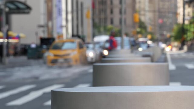 New York City Manhattan Downtown Financial District, United States. Defocused people pedestrians on Church street. Hot steam and zebra crosswalk on crossroad with Fulton street, USA. Yellow taxi car.