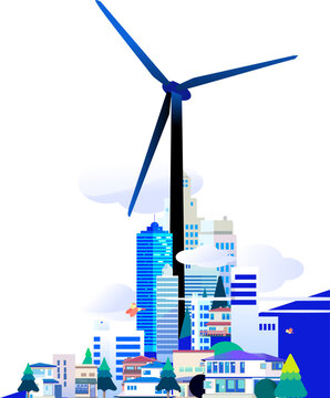 Vector illustration of wind turbine and modern city represent renewable green energy and smart city design
