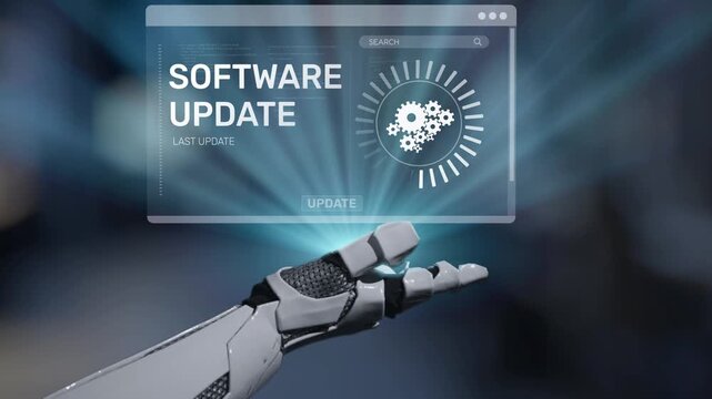 A futuristic robotic hand presents a digital screen featuring a software update, emphasizing technology and innovation in automation and artificial intelligence for modern systems. Salient