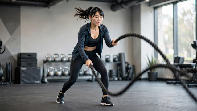 Japanese female athlete doing battle ropes cardio exercise with fast motion