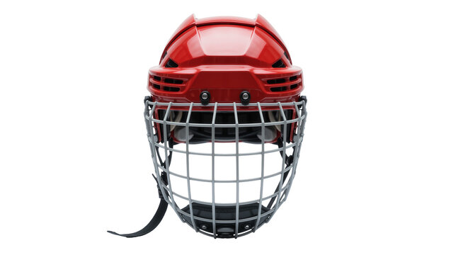Red hockey helmet with metal cage, isolated on transparent background