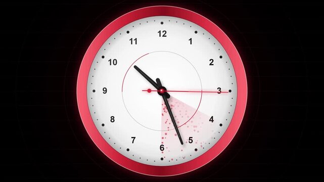 Red wall clock with glowing red cone beam highlighting twelve and one oclock hours