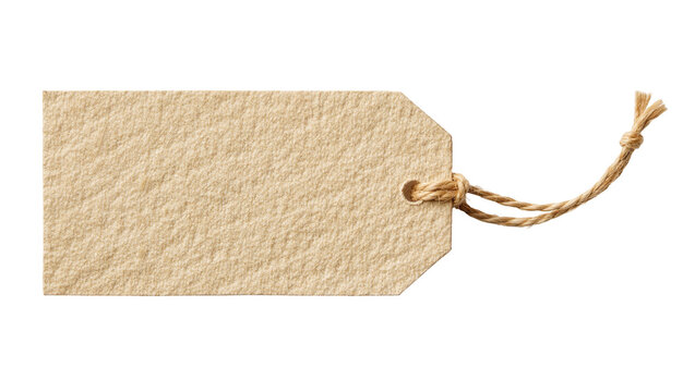 Blank textured brown paper gift tag with twine string, isolated on transparent background