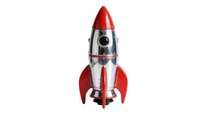 Retro silver and red rocket ship with round window, isolated on transparent background © Niamh