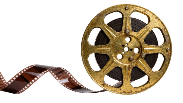 Vintage golden film reel with brown celluloid strip, isolated on transparent background
