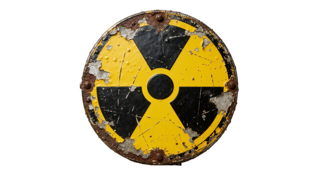 Rusty weathered radiation hazard symbol with peeling paint, isolated on transparent background