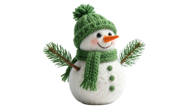 Knitted snowman with green hat and scarf pine branches, isolated on transparent background