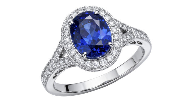 Oval sapphire engagement ring with diamond halo, isolated on transparent background