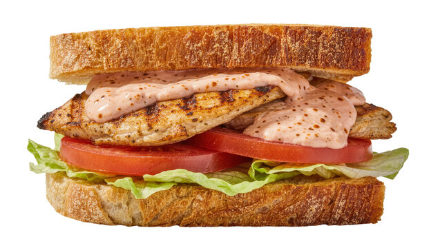 Grilled chicken sandwich with lettuce tomato and sauce, isolated on transparent background