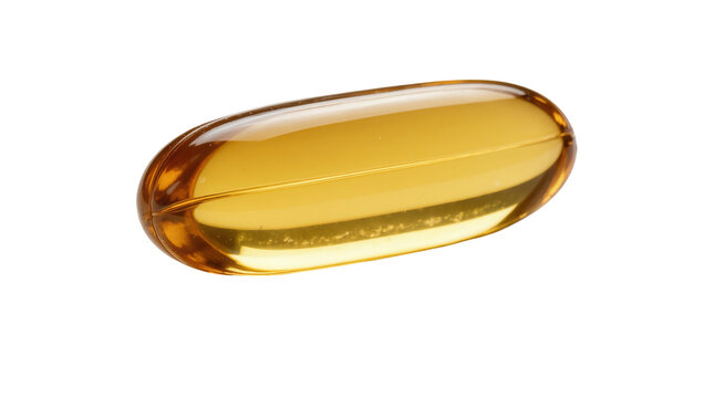 Translucent golden oval softgel capsule with liquid inside, isolated on transparent background