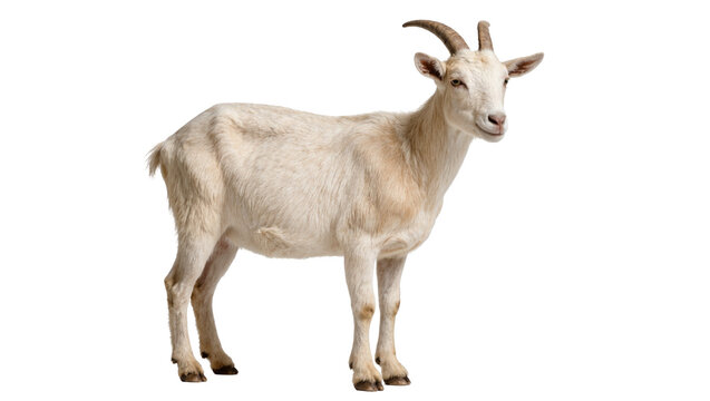 Adult white goat with short horns standing, isolated on transparent background