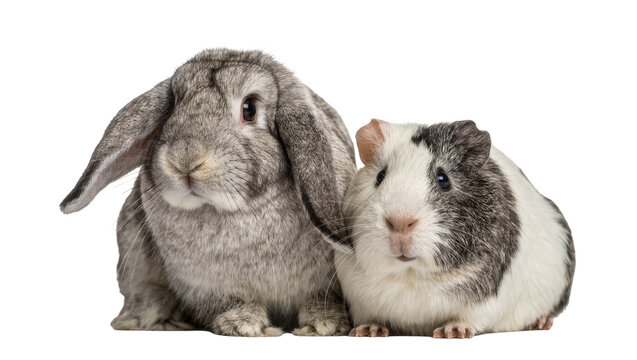 Fluffy grey lop-eared rabbit and black and white guinea pig, isolated on transparent background