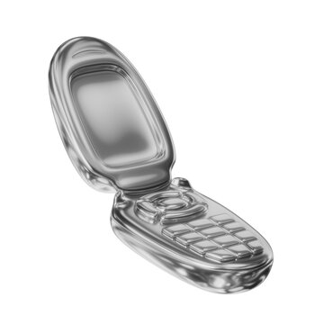 Retro silver chrome 3d flip phone gadget icon object in y2k style