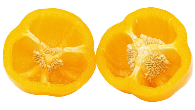 Bright yellow bell pepper halves showing seeds and internal structure, isolated on transparent background
