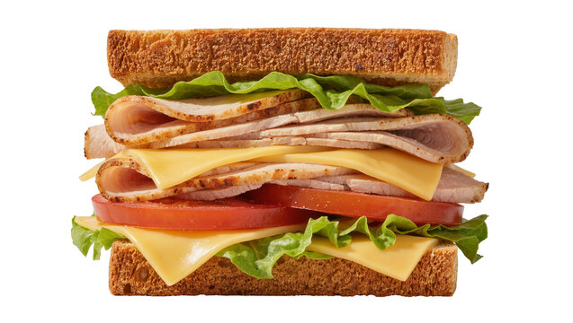 Hearty turkey and cheese sandwich with lettuce and tomato, isolated on transparent background